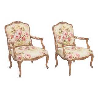Pair of Antique Louis XV Carved Walnut Fauteuils Arm Chairs W Ralph Lauren Floral For Sale
