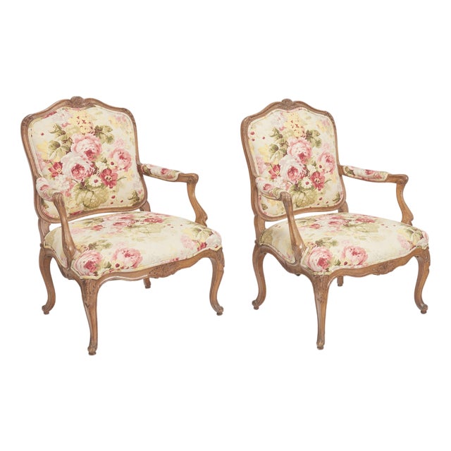Pair of Antique Louis XV Carved Walnut Fauteuils Arm Chairs W Ralph Lauren Floral For Sale