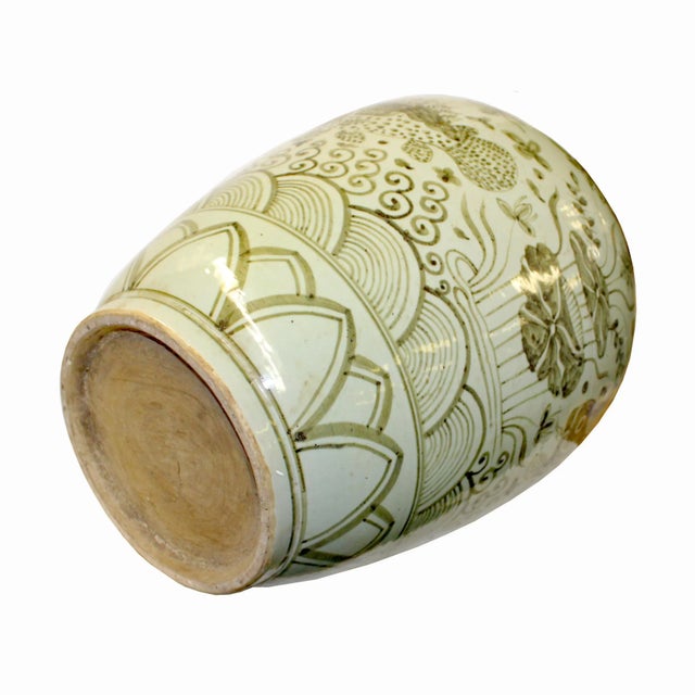 2000 - 2009 Gray Off White Flowers Fishes Graphic Fat Round Ceramic Vase For Sale - Image 5 of 6