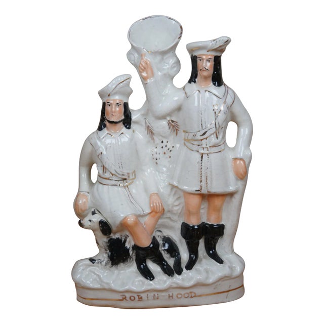 Antique Staffordshire Porcelain Robin Hood Little John & Spaniel Spill Vase For Sale