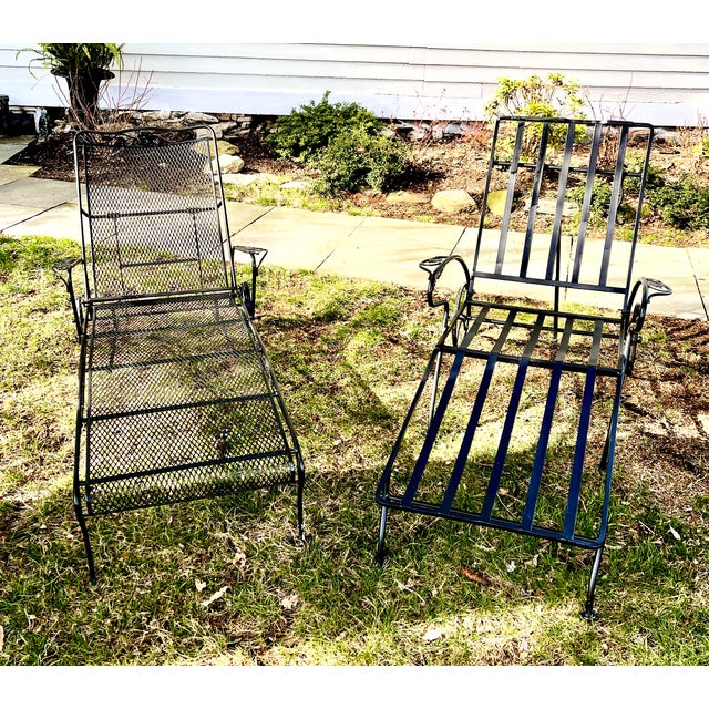 Mid Century Black Cast Iron and Woodard Wrought Iron Chaise Lounges
