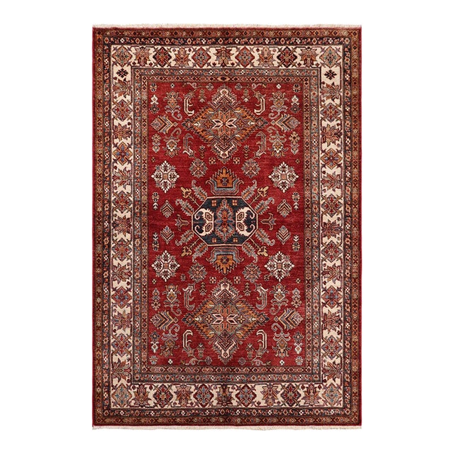 Rustic Super Kazak Red/Beige Wool Rug- 5'1'' X 6'0'' For Sale