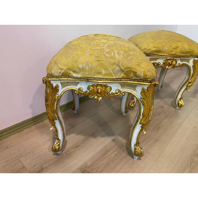 Two Magnificent French Armchairs with respective Stools early 19th Century armchair measurements: H: 96cm x 76cm c 75cm...