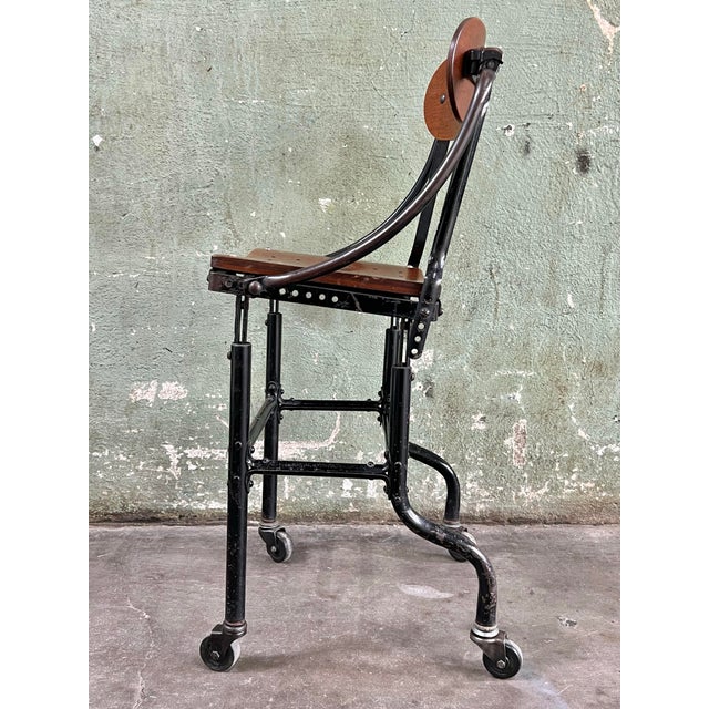 Black Rare Antique Early DoMore Industrial Rolling Metal Plywood Work Chair Stool For Sale - Image 8 of 12