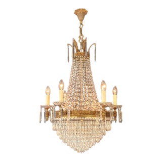 Antique Empire Style Brass Crystal Chandelier Neoclassical European Basket For Sale