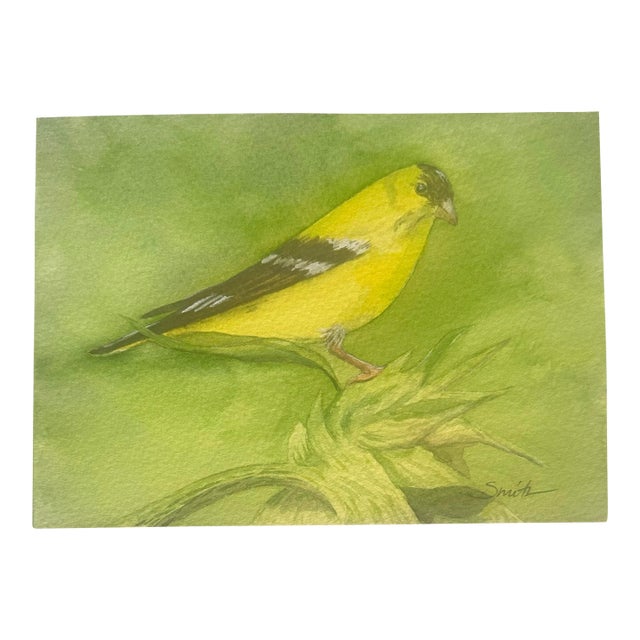 “Golden Finch” – Original 5x7 Watercolor Bird Painting by Nancy Smith For Sale