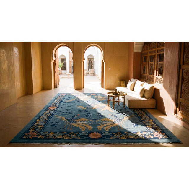 Attractive Blue-Cerulean Figurative Style and Chinoiserie Pattern Antique Chinese Peking Rug For Sale - Image 15 of 15