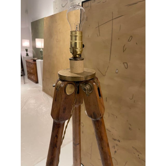 Brass Antique Surveyor’s Tripod Floor Lamp in Oak With Brass Hardware, 61” H For Sale - Image 8 of 11