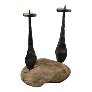David Palombo, Hand Forged Brutalist Iron Stone Sculpture Israeli Candlesticks David Palombo, c.1950s