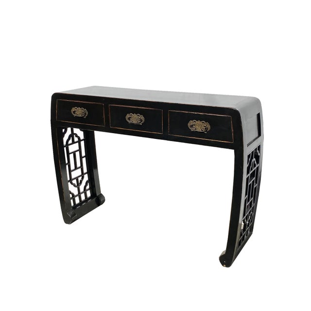 This is a simple black lacquer metal bats pattern hardware console side table with an open panel curve legs design....