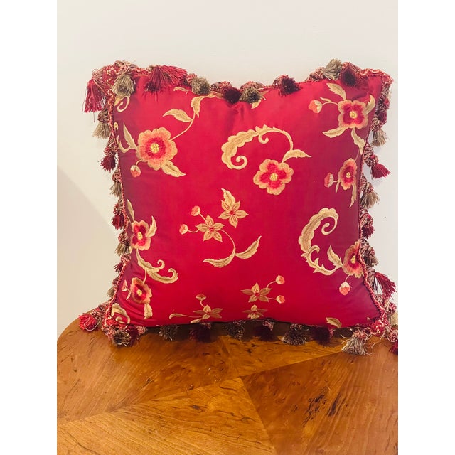 Shabby Chic 20 Th C Burgundy Ref Silk Embroidered Pillow With Tassels Feather Diwn Insert For Sale - Image 3 of 5