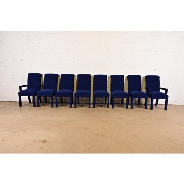 A gorgeous set of eight Modern or Postmodern Parsons blue upholstered dining chairs By Paul Evans for Directional USA,...