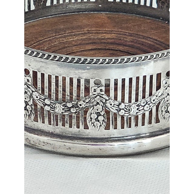 Silver Edwardian Sheffield Silver Plated Fretwork Wine Bottle Coaster With Wood Base, c.1920 For Sale - Image 8 of 8