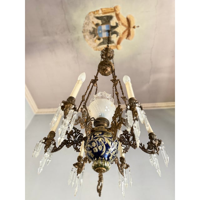 French 7-Light Chandelier in Bronze, Majolica and Crystal, 1930s For Sale - Image 8 of 8