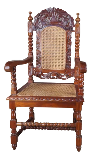 Late 20th Century French Louis XIII Style Mahogany Carved Barley Twist Cane Dining Arm Chair