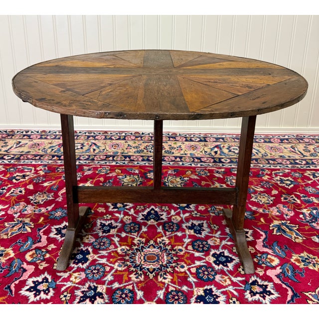 Antique French Vendage Round Flip Top Gateleg Wine Table Oak Trestle Feet c.19th For Sale - Image 12 of 18