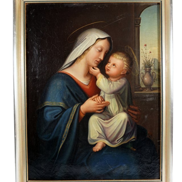 Antique 19th century German school Nazarener Movement painting depicting the Madonna and Child. Oil on canvas. Mary is...