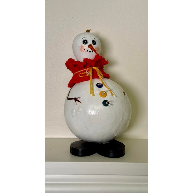 Late 20th Century Vintage Arts & Crafts Holiday Snowman Hand Painted Gourd Art in White, Red & Black For Sale - Image 5 of 8