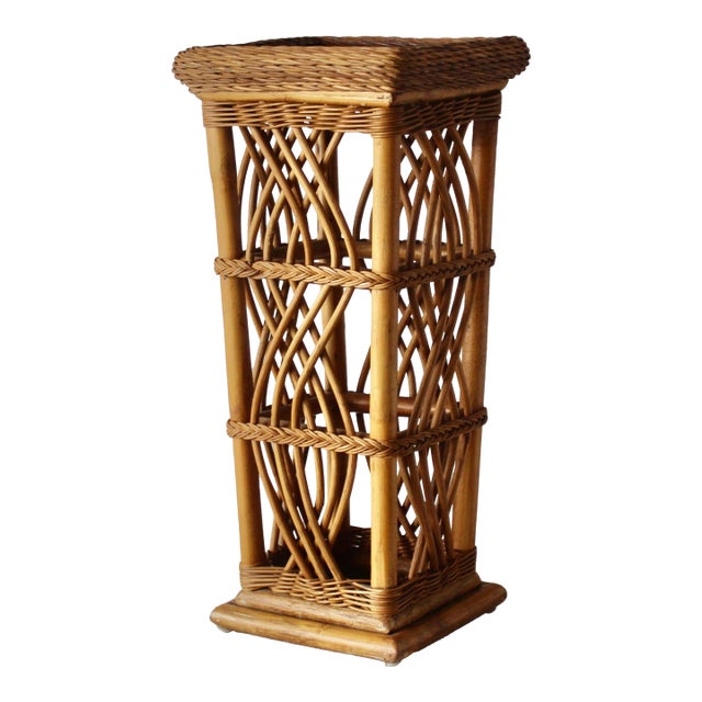 1980s Coastal Woven Rattan Pedestal Plant Stand For Sale