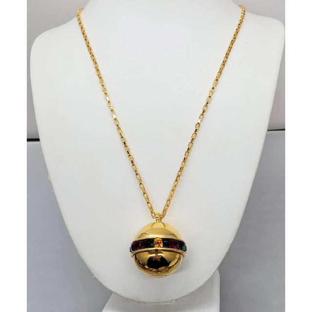 1990s Vintage 1990s Signed Napier Goldtone Multicolor Rhinestone Spherical Pendant Necklace For Sale - Image 5 of 12