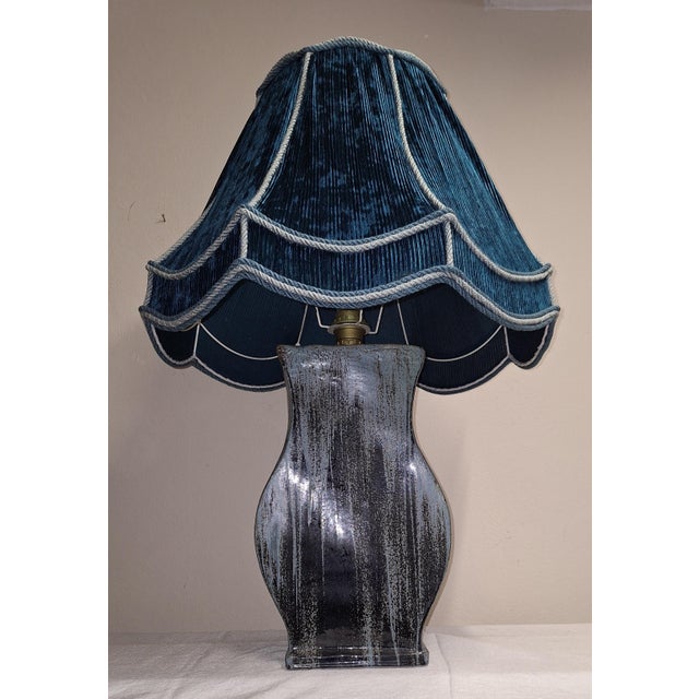 Large Vintage Blue-Grey Gradient Glazed Ceramic Table Lamp with Fabric Shade, 1970s For Sale - Image 4 of 9