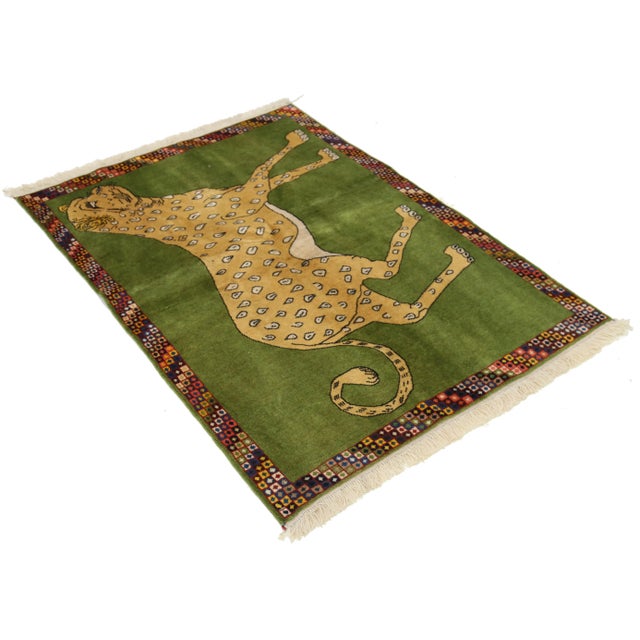 Light Green Fine Hand Knotted Persian Shiraz Cheetah Pictorial Patterns Rug For Sale - Image 4 of 4