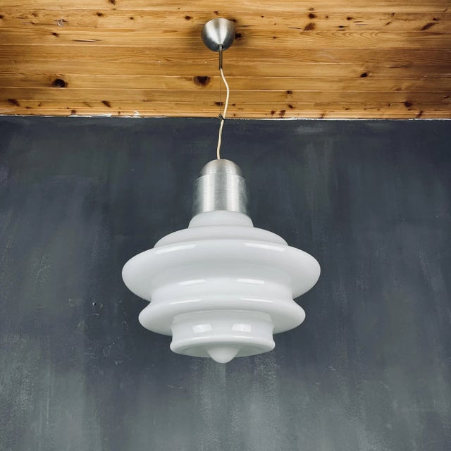 Large Mid-Century White Opaline Glass Pendant Lamp, Italy, 1960s For Sale - Image 10 of 11