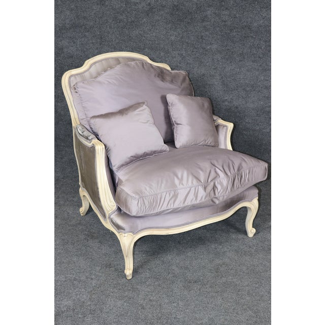 Pair Louis XV Style Oversized Creme Painted and Upholstered Bergère Chairs For Sale - Image 9 of 9
