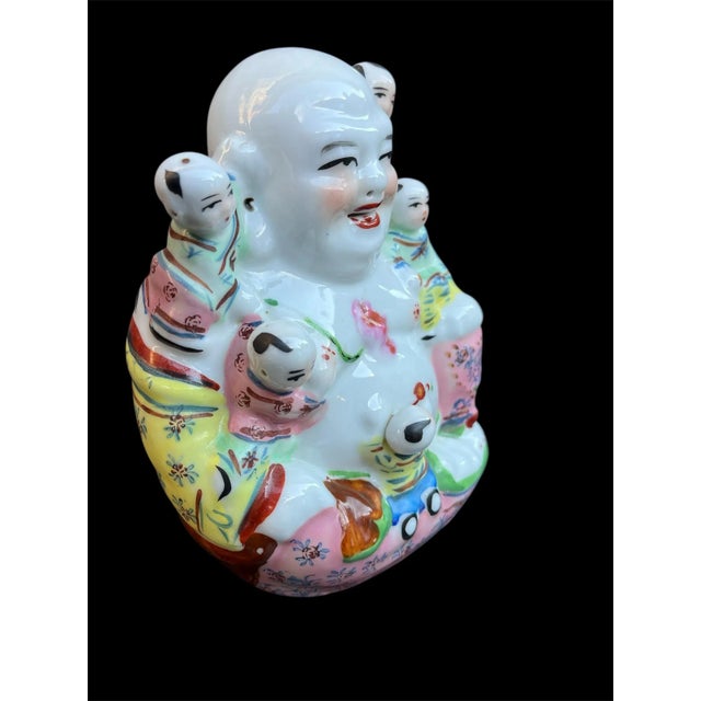 Chinese Vintage Chinese Porcelain Laughing Buddha With Five Children – Hand-Painted Famille Rose Figurine For Sale - Image 3 of 8