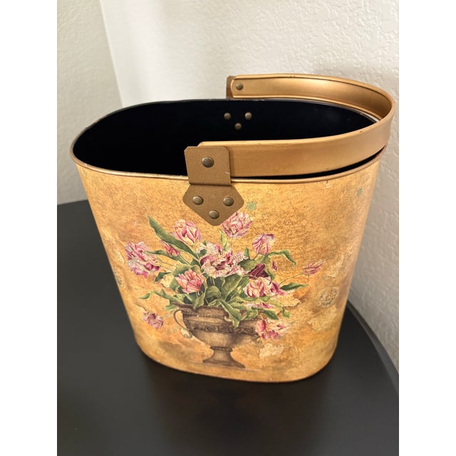 Hollywood Regency Gold Floral Metal Basket With Swing Handle – Hollywood Regency Style For Sale - Image 3 of 12