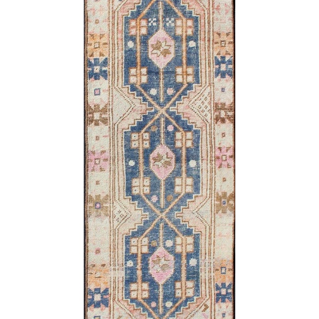 Tribal Vintage Turkish Oushak Runner With Soft Indigo, Peach, and Rose Colors 2'5 X 7'7 For Sale - Image 3 of 11