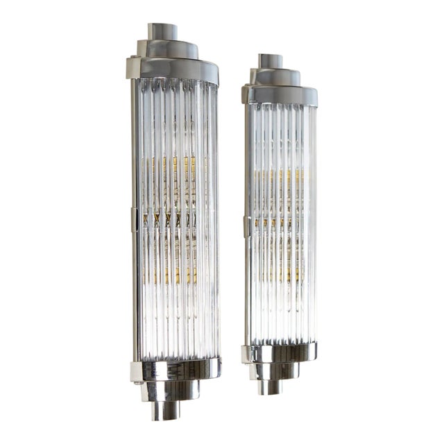 1940s Skyscraper Vintage Art Deco Light Old Lamp Wall Sconces Fixture Nickel Brass & Glass Rod Ship Light - a Pair For Sale
