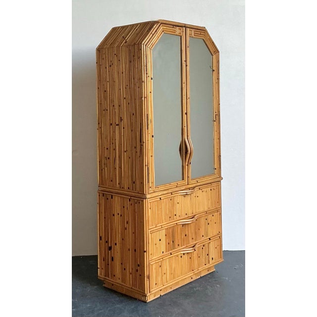 Camel Vintage Boho Faceted Bamboo Mirrored Armoire For Sale - Image 8 of 12