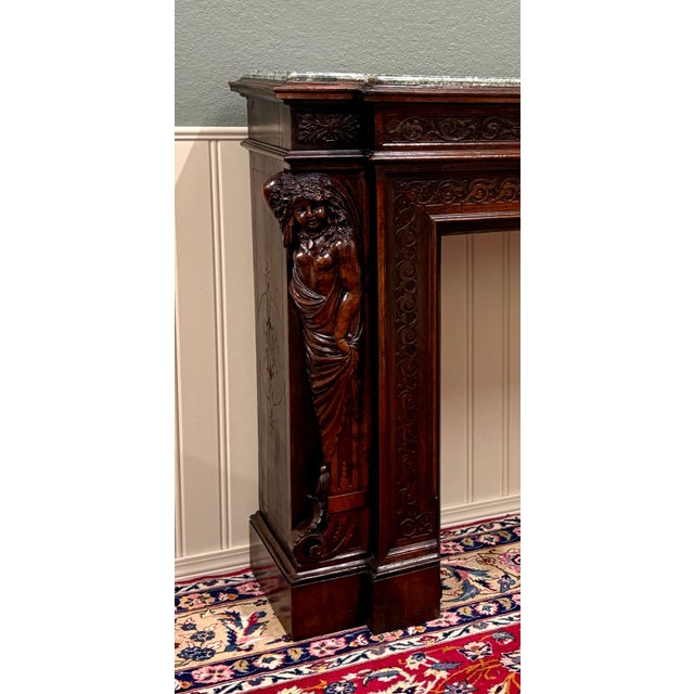Antique French Fireplace Mantel Surround Marble Top Renaissance Revival Oak 19c For Sale - Image 4 of 18