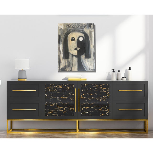 Mid-Century Inspired Queen Portrait A bold abstract painting with a regal Queen figure in black, white, and cream tones on...