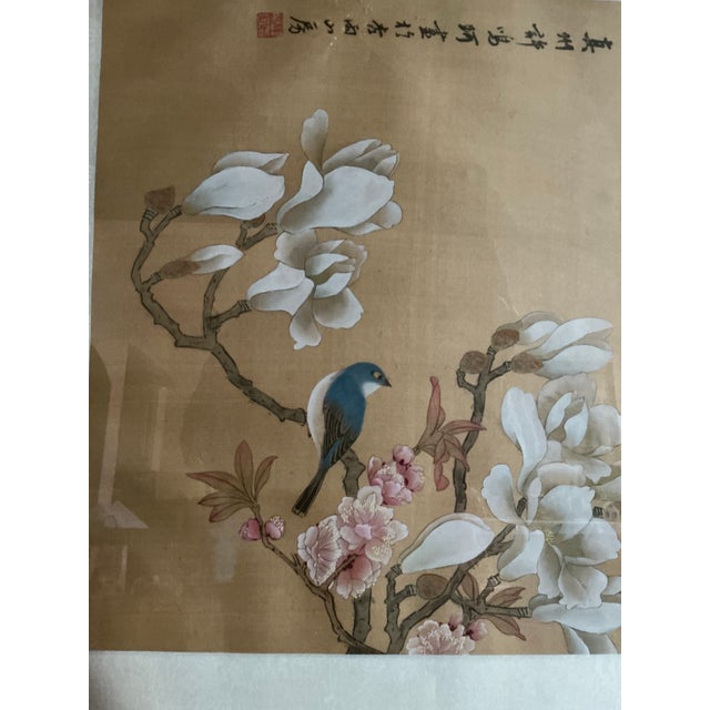 Beautiful Framed East Asian Botanical and Bird Painting For Sale - Image 12 of 12