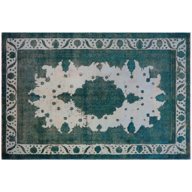 Vintage Retro No Pile Ivory/Teal Wool Rug - 7'10'' X 11'5'' For Sale - Image 9 of 10