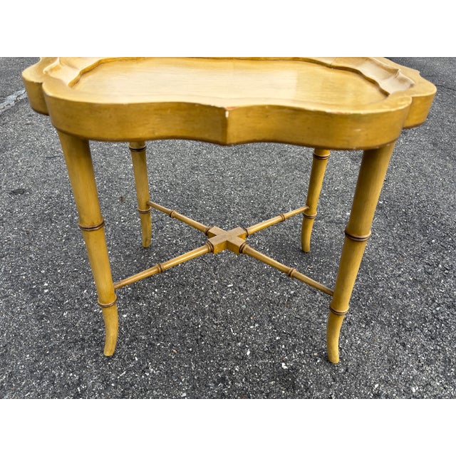 Mid 20th C. Hand Painted Mustard Yellow Tole Serving Tray on Fitted Faux Bamboo X Base Stand For Sale - Image 10 of 11