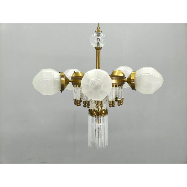 Art Deco Brass and Glass Chandelier, Czech, 1950s For Sale - Image 4 of 18
