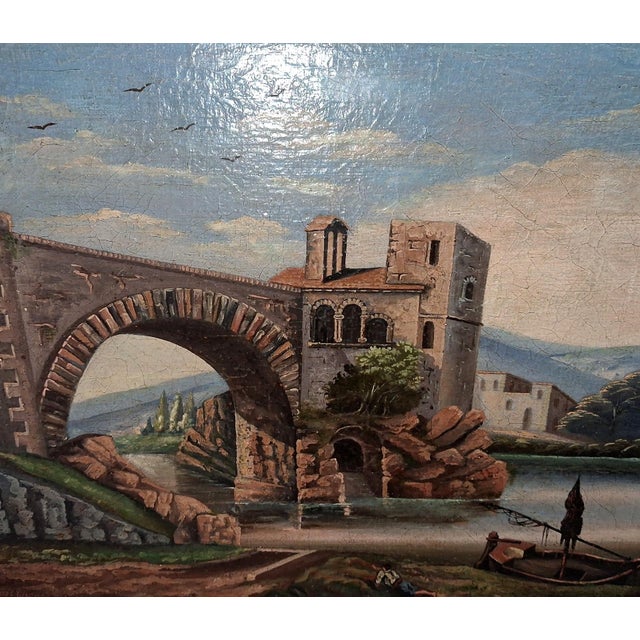 H. Nicolini, Lively Landscape with Stone Bridge, 19th Century, Oil Painting on Canvas For Sale - Image 6 of 6