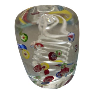 Vintage Murano Style Millefiori Art Glass Paperweight With White Latticino Swirl For Sale