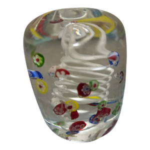 Vintage Murano Style Millefiori Art Glass Paperweight With White Latticino Swirl