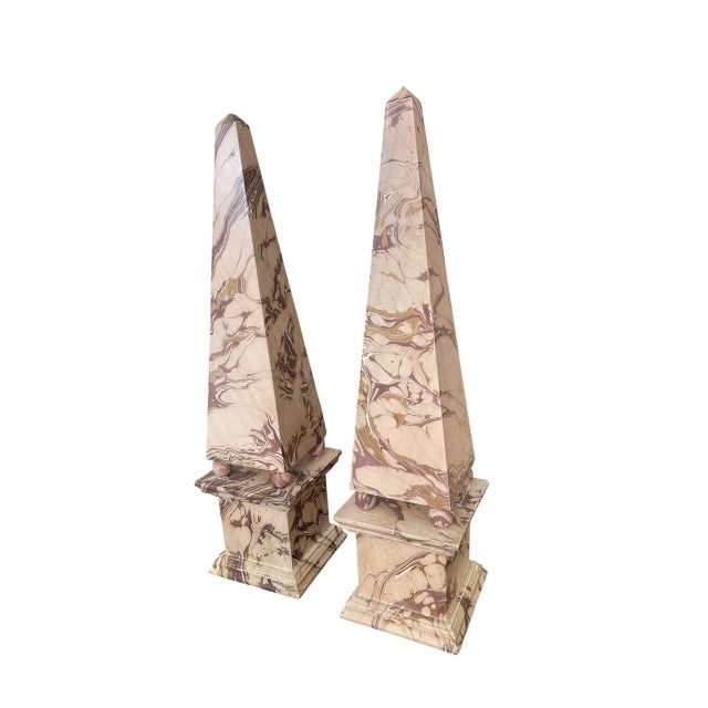 Pair of Vintage Faux-Marbled Hand-Painted Wood Obelisks For Sale In West Palm - Image 6 of 12