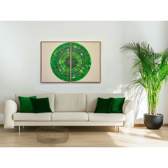 Unique Painting "Green Circle Diptych I," Diptych consisting of two single pieces. External Size of one Painting including...