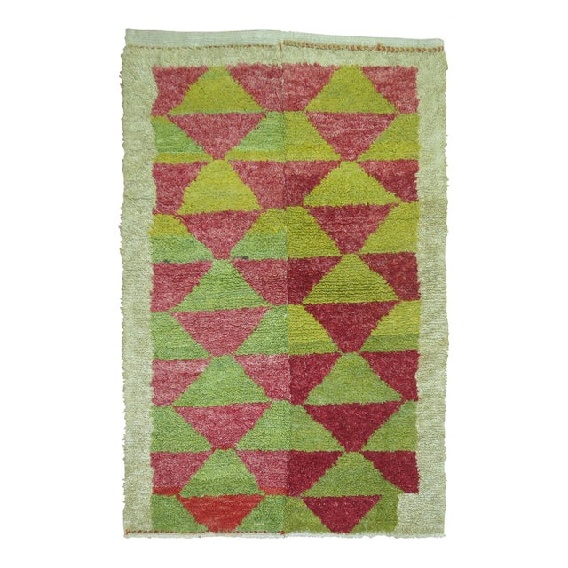 Zabihi Collection Lime Green Red Accent Vintage Turkish 20th Century Shag Rug - 3'2" x 4'4" For Sale
