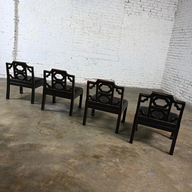 1970s 1971 Hollywood Regency Chinoiserie Chinese Chippendale Style Occasional Chairs by Thomasville Black Low Profile Set of 4 For Sale - Image 5 of 12