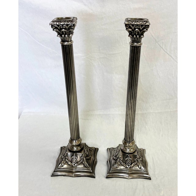 Late 20th Century Vintage Large Corinthian Style Silverplate Candlesticks- a Pair For Sale - Image 5 of 10