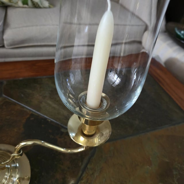 1980s 1980s Baldwin Brass Traditional Solid Brass Lacquered Candleabra With Glass Chimneys For Sale - Image 5 of 8