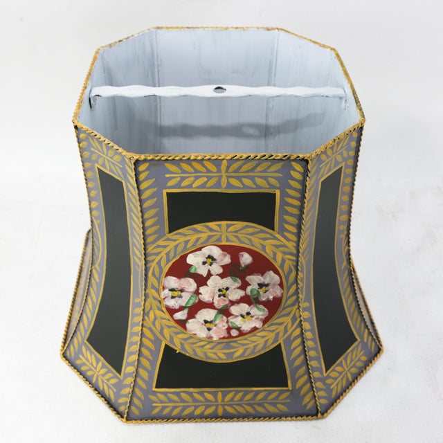 Art Deco Vintage Hand-Painted Toleware Panel Lamp Shade With Floral Medallion For Sale - Image 3 of 12