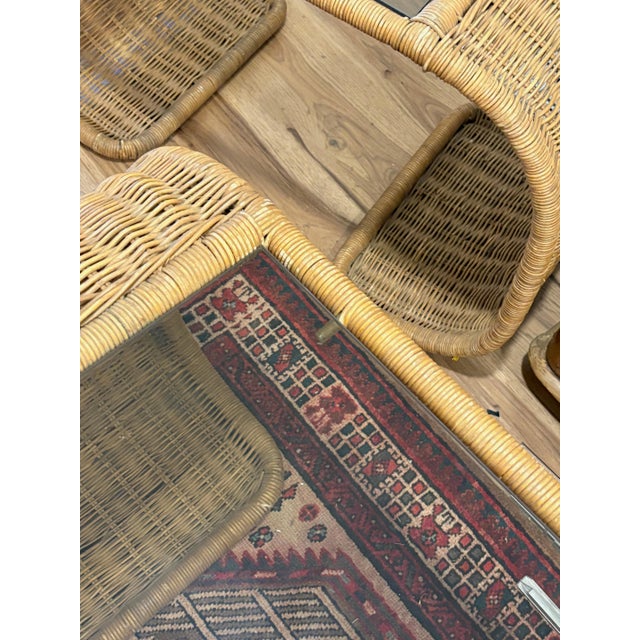 Pair 1970s Wicker-Wrapped Metal Waterfall End Tables With Original Glass For Sale - Image 4 of 8